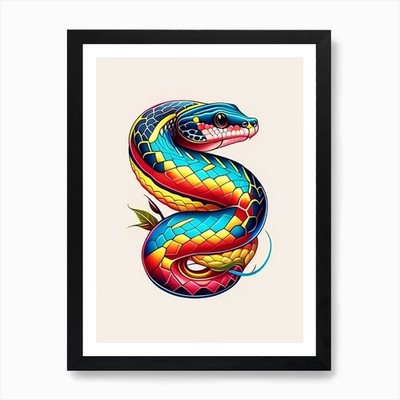 Diamondback Wasserschlange Tattoo Stil gerahmtes Wandbild Poster Leinwanddruck Bild