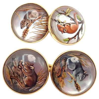 Vintage Tiffany & Co 18k Yellow Gold Essex Reverse Intaglio Field Mice Cufflinks