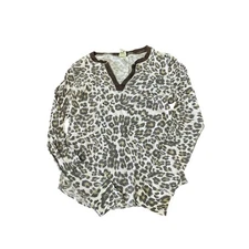 Lucky Brand Thermal Top XL Leopard Print Brown V Neck Long Sleeve