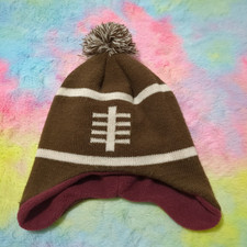 Football Design Winter Beanie Youth Knit Brown Red Pom Pom Ear Flaps