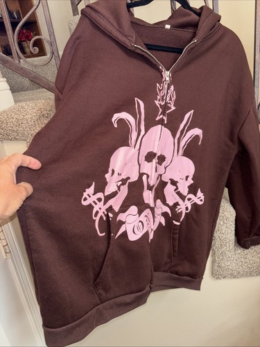 RARE…Y2K Brown Skull Unisex Hoodie Hoodie Size XL Full Zip Rhinestone - Picture 3 of 7