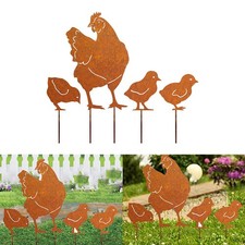 Delightful 4 Piece Rusty Chicken Stake Set for Stylish Outdoor Accents