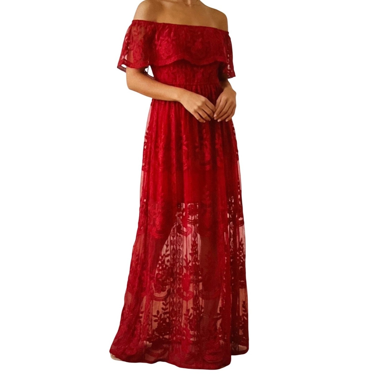 Red Floral Lace Off The Shoulder Maxi Dress Boho Romantic Evening Gown Large