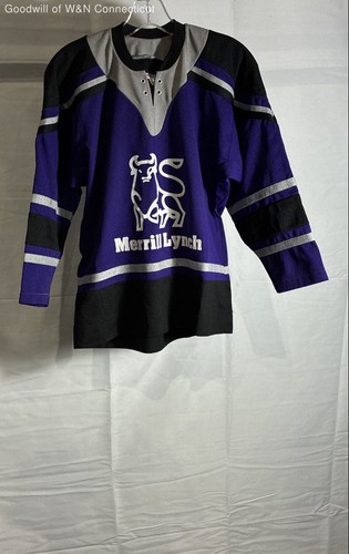 Vintage 90s CCM Boys Merrill Lynch Hockey Jersey Purple Black Murdock 16 Sz L/XL
