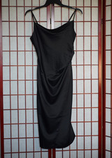 Lulus Brazen Babe Black Satin Cowl Neck Midi Slip Dress Adjustable Straps M
