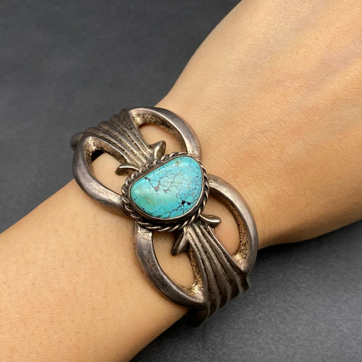 Vintage Navajo Native Turquoise Sterling Silver Sand Cast Bracelet Cuff