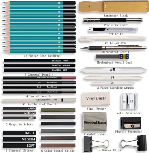50 pcs Professional Drawing Artist Kit Set Pencils and Sketch Charcoal Art & Bag - Picture 6 of 13