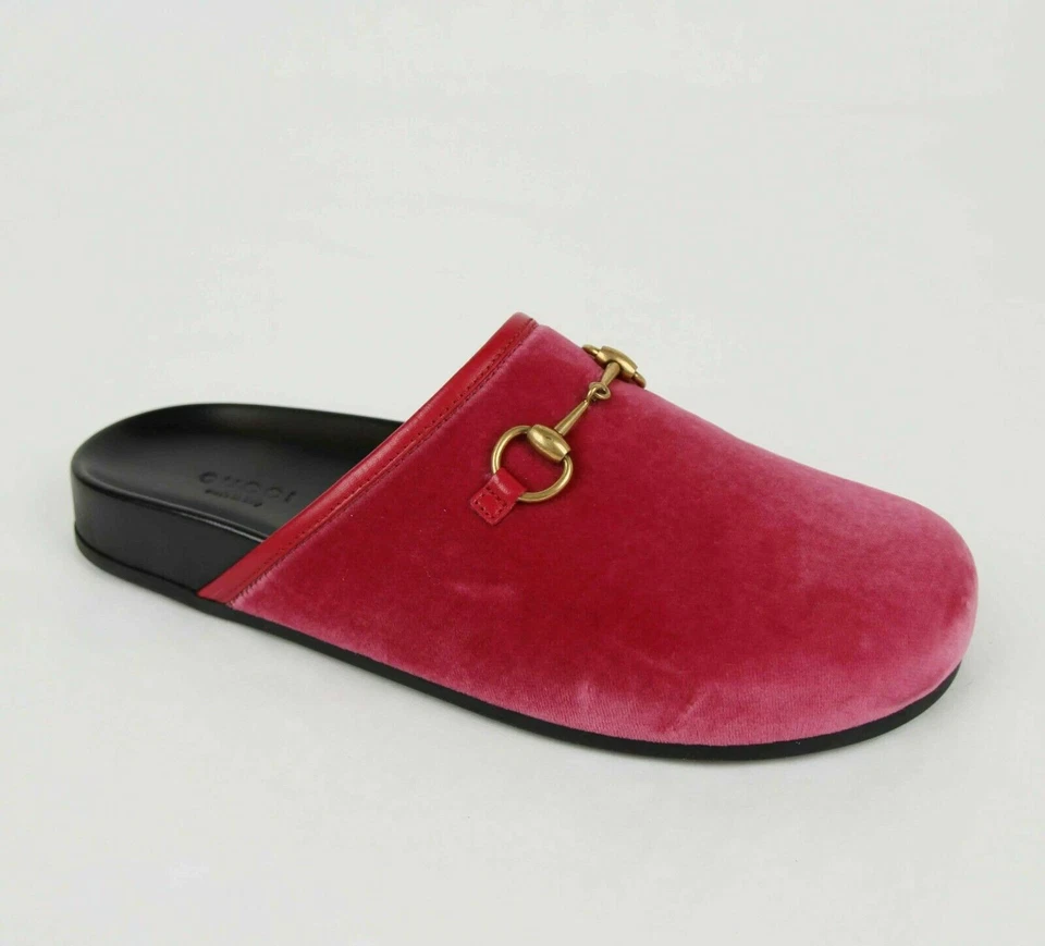 Nueva Sandalia Mocasín GUCCI Rosa Frambuesa Terciopelo Sin Cordones con Mordida de Caballo Dorada 39.5 $895