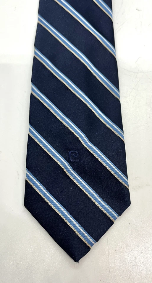Vintage PIERRE CARDIN Dark Blue Yellow Stripes w/ Logo, Men's Neck Tie - Image 2 of 4