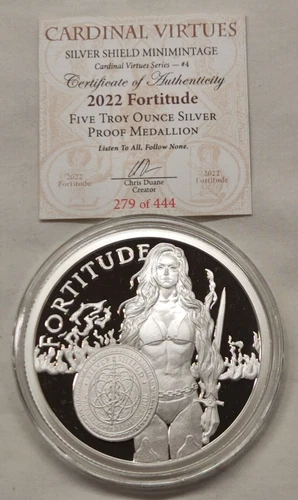 5oz Silver Shield Fortitude Proof Silver Round #4 Cardinal Virtues Series