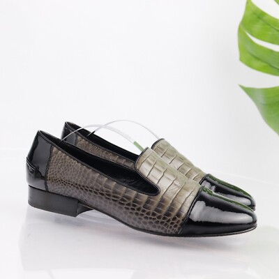 Tahari Womens Venetian Loafer Size 38.5 8.5 Olive Green Croc Black Cap Flat Shoe