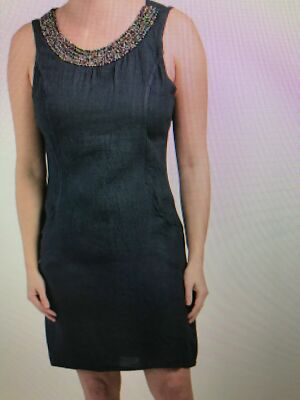 Lina Tomei Italy Sleeveless Beaded Neck Linen Shift Navy Dress Large NWT 