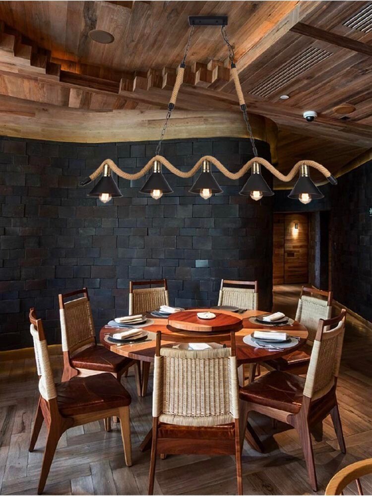 Lampadario Sospensione Corda Canapa 5 Luci E27 - Design Rustico Campana