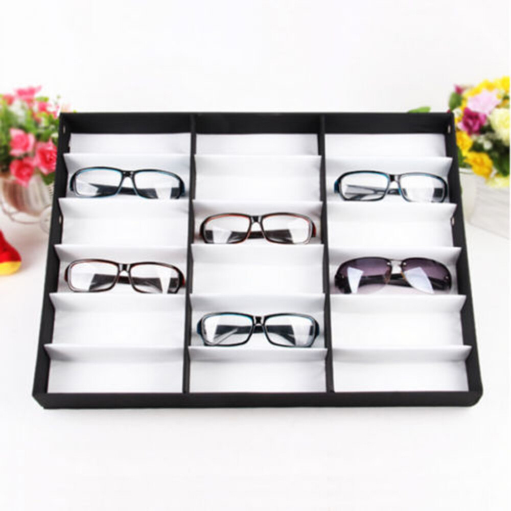Fashion Black 18 Grids Eyeglass Box Eyewear Organizer Display Case Box