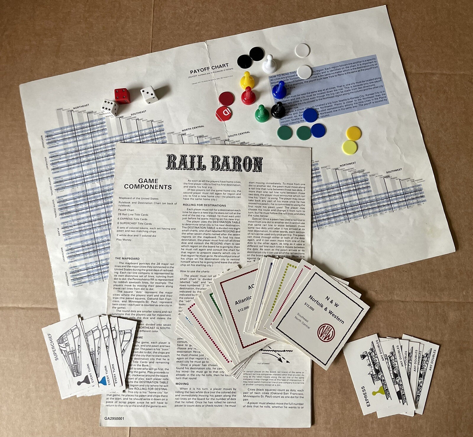 1977 RAIL BARON BOARD GAME, AVALON HILL, RAILROAD, TRAINS, N&W C&O B&O