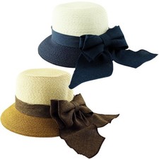 Ladies Paper Straw Bow Band Sun Panama Hat Cap Navy Brown