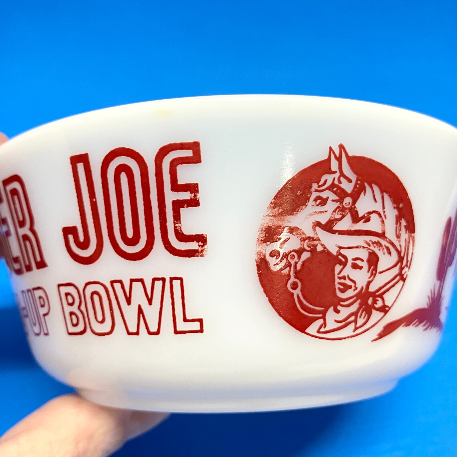 VTG 50s Ranger Joe Round Up 3PC Breakfast Set Hazel Atlas Milk Glass Mug & Bowls