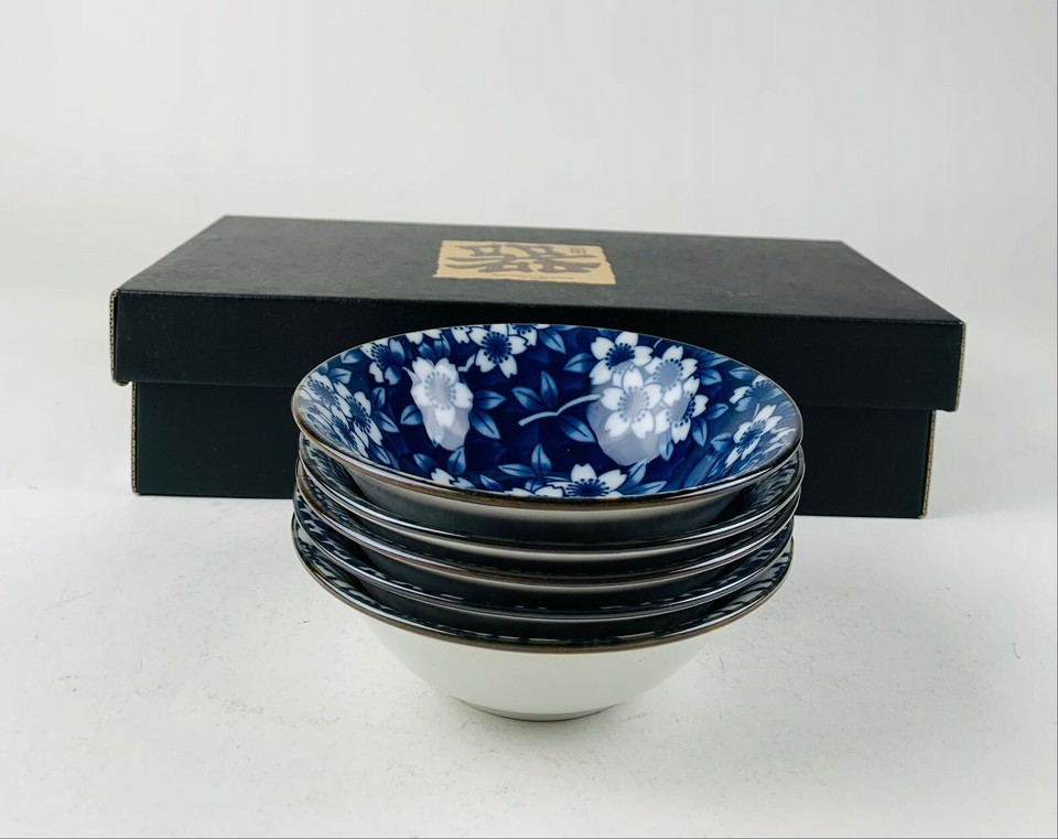 Set of 5 Japanese Porcelain Dessert Blue Rice Bowls Gift Set Made in ...