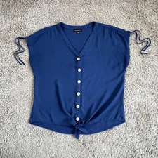 FORTUNE IVY Dusty Blue Short Cap-Sleeve Boho Front-Tie Button-Up Shirt Womens L