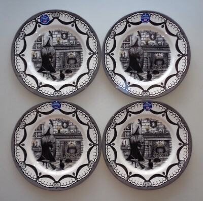 Royal Stafford Wicked Witch Black Cat Fireplace Dinner Plates Set of 4 Halloween