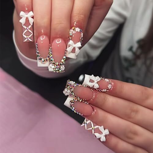 White French Press on Nails Long Square Fake Nails Glossy C-16White Bouquet - Afbeelding 6 van 7