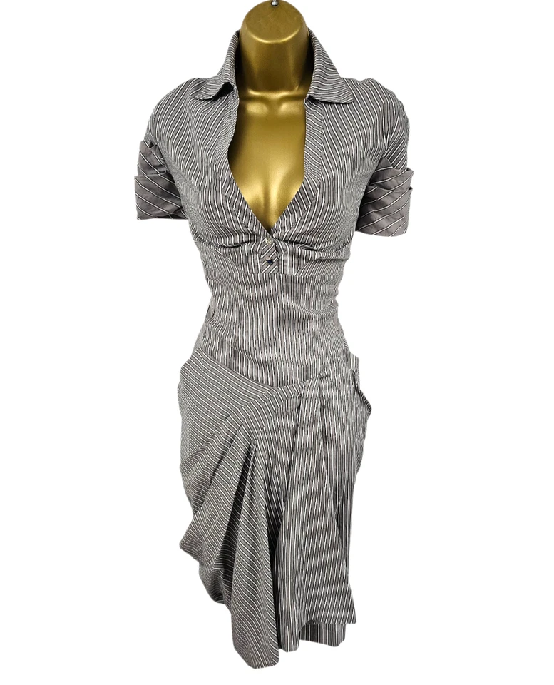 Karen MIllen 16 UK Vintage Grey Cotton Pinstripe Drape Pleat Safari Shirt Dress - Image 4 of 4