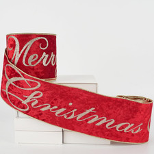 Merry Christmas Ribbon 4 inch Dusty Red Velvet Wired Ribbon with Glitter Gol...