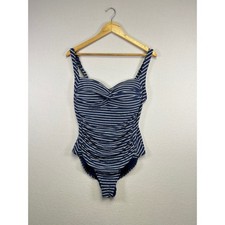 NipTuck Swim Navy Blue White Striped Ruched One Piece Swimsuit Women's Size 10