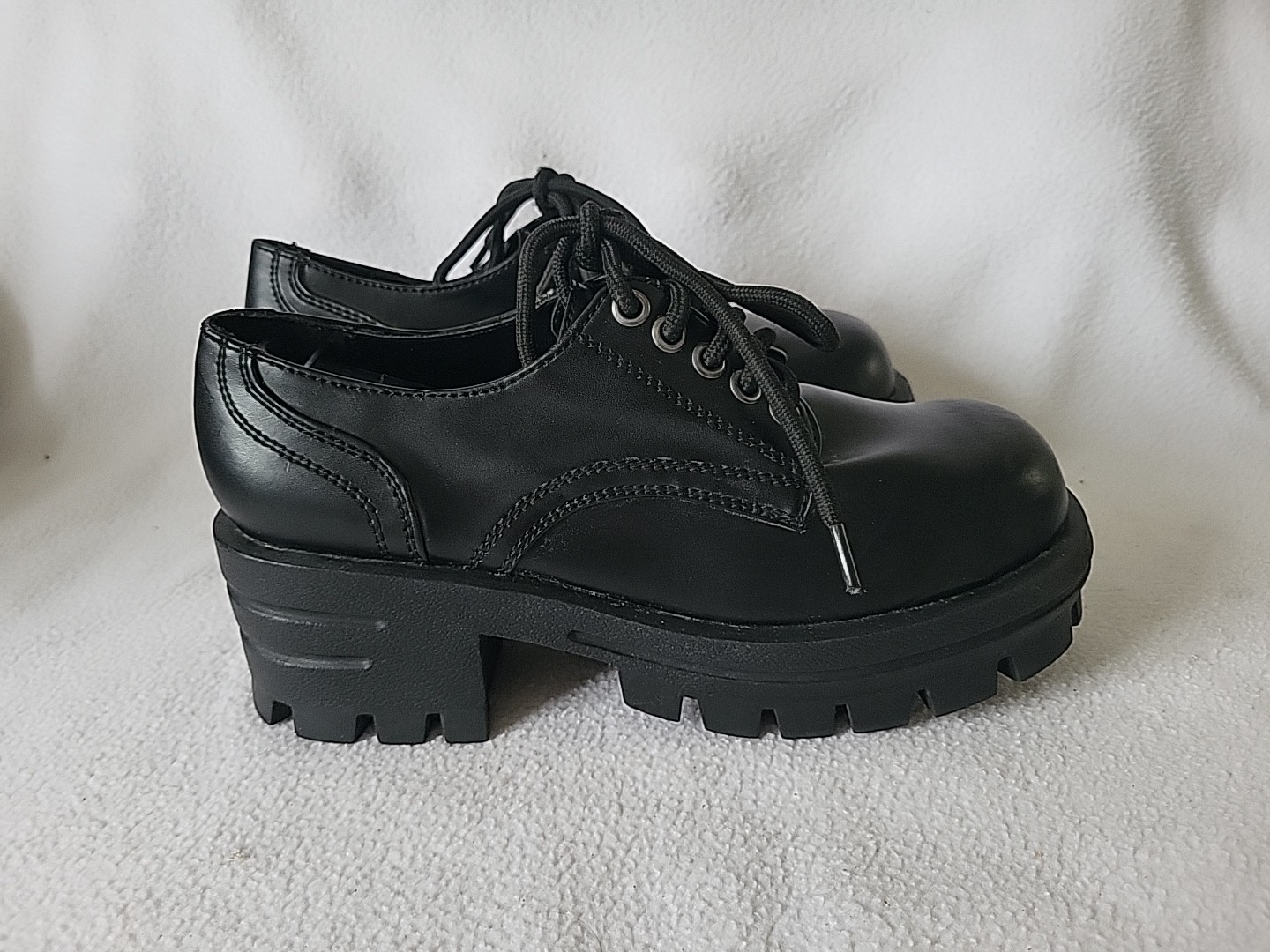 Vintage Y2K Soda Black Faux Leather Chunky Platform Lace Up Shoes Sz 7.5 Women