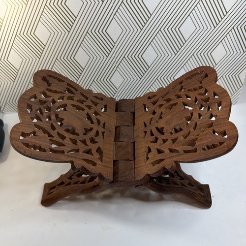 Vintage Hand Carved Wooden Folding Book Holder Bible Cookbook Stand 11βx6β Brown