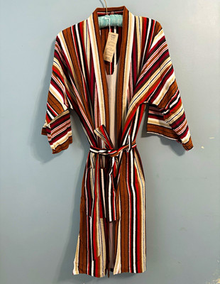Laureno Women's Striped Velour Robe One Size V-Neck 3/4 Sleeve Tie Belt