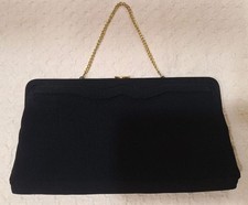 Vintage Black Clutch Purse Goldtone Clasp  Chain Wedding Old Money Classy