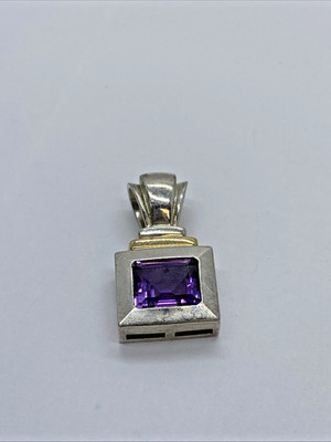 Ross Simons Sterlingsilber & 14K Rechteck Amethyst Anhänger 7,6 g 1 1/8'' x 5/8''