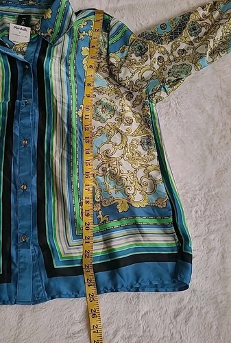 SIlky colorful Women Blouse Top Satin Blue Green Gold Button Down Business - Picture 10 of 10