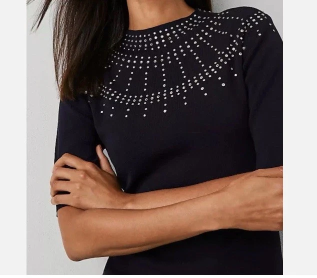 Ann Taylor женщин темно-синий вязаный ложным вырезом украшенный обтяжку платье размер S новый с Ярлыками - Изображение 2 из 4