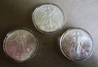 3 AMERICAN BU SILVER EAGLES, 2015-2016-2019. UNCIRCULATED. IN CAPSULES.