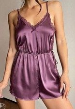 VTG Styl Glossy Oily Satin Lace Trim Bodysuit TEDDY Sleep Playsuit Romper L NEW