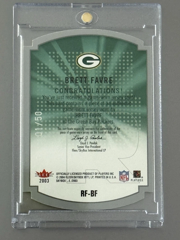 2003 Fleer SkyBox Rare Form Brett Favre Packers Game-Worn Jersey Relic 01/50 - Image 2 of 2