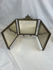Antique Victorian Brass Triptych Mirror Floral Back Heavy Solid Shaving Vanity