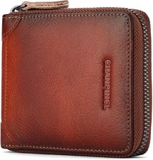 Mens Genuine Leather Zipper Wallet RFID Secure Large Capacity Double Fold Multi-