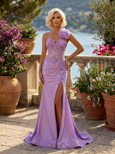 Purple Metallic One-Shoulder Corset Prom Dress with Detachable Flower