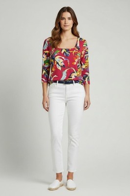 Boston Proper Magenta Tropical Leaf Print Square Neck 3/4 Sleeve Top, Size L