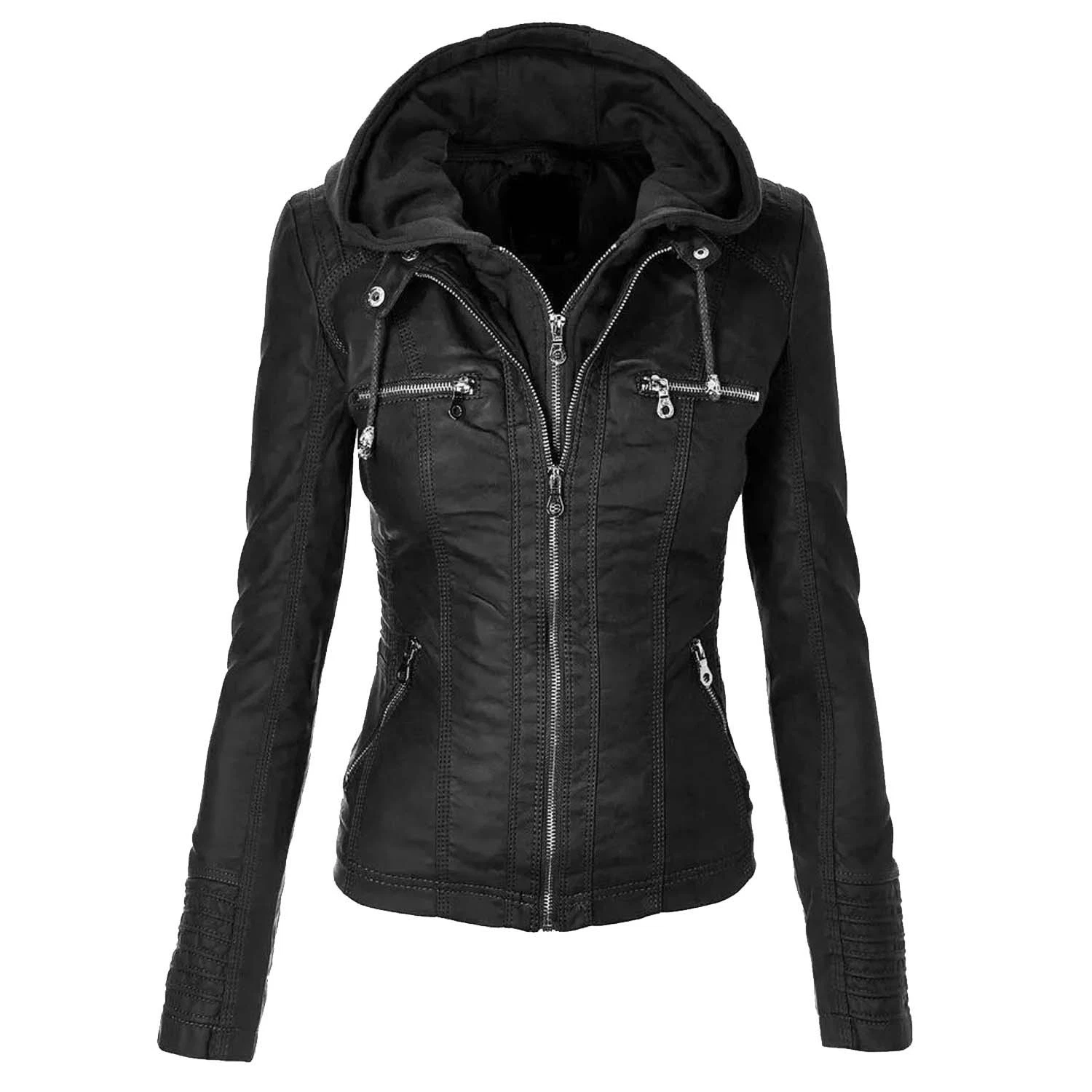 Womens Black Leather Biker Jacket With Hood Slim Fit Motorcycle Coat