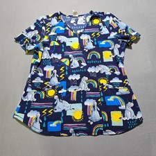 Disney Eeyore Rainbow Clouds Scrub Top Women's Medium V-Neck Short Sleeve