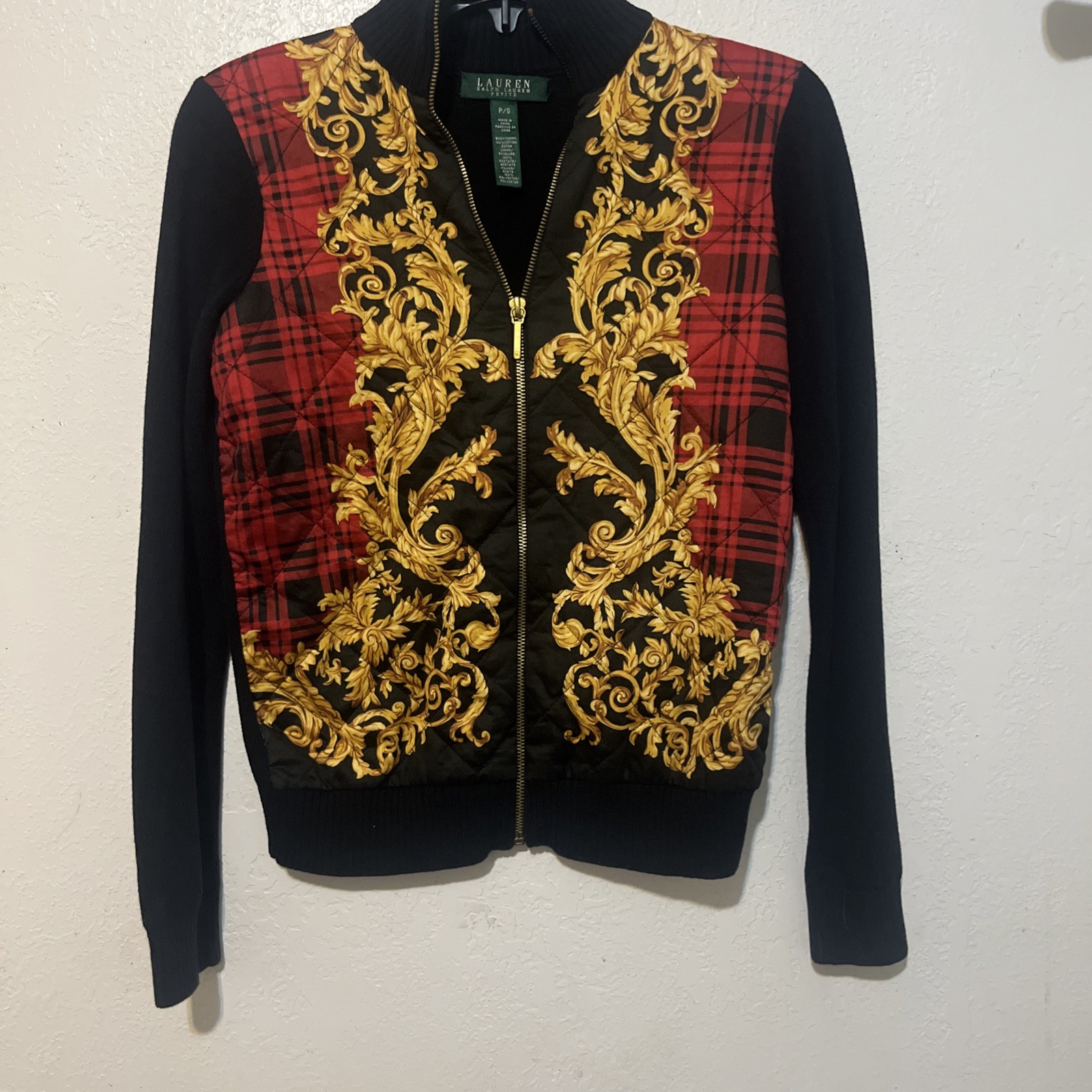 Lauren Ralph Lauren  Quilted Sweater Jacket Womens Size  PS Plaid Preppy T1