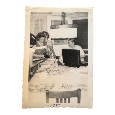 1950s Women Sewing Fabric At Table Vintage Home Snapshot Photo