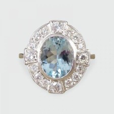 Art Deco Blue Aquamarine  White CZ 2.05 CT Women's Cluster Ring In 935 Silver