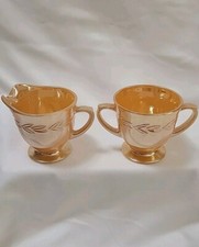 Fire King Peach Luster Cream & Sugar Bowl Set in Laurel Leaf Pattern Made in USA