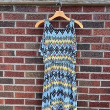 LOFT Yellow Light Blue and Black Aztec Print Cold Shoulder Shift Dress