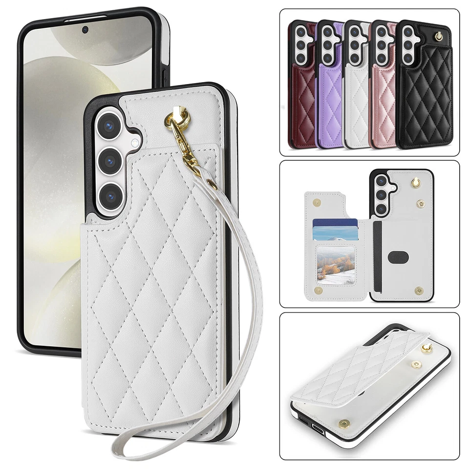 For Samsung S24 S23 S22 S21 A55 A53 A52 A15 A14 Leather Card Slot Cover w/ Strap